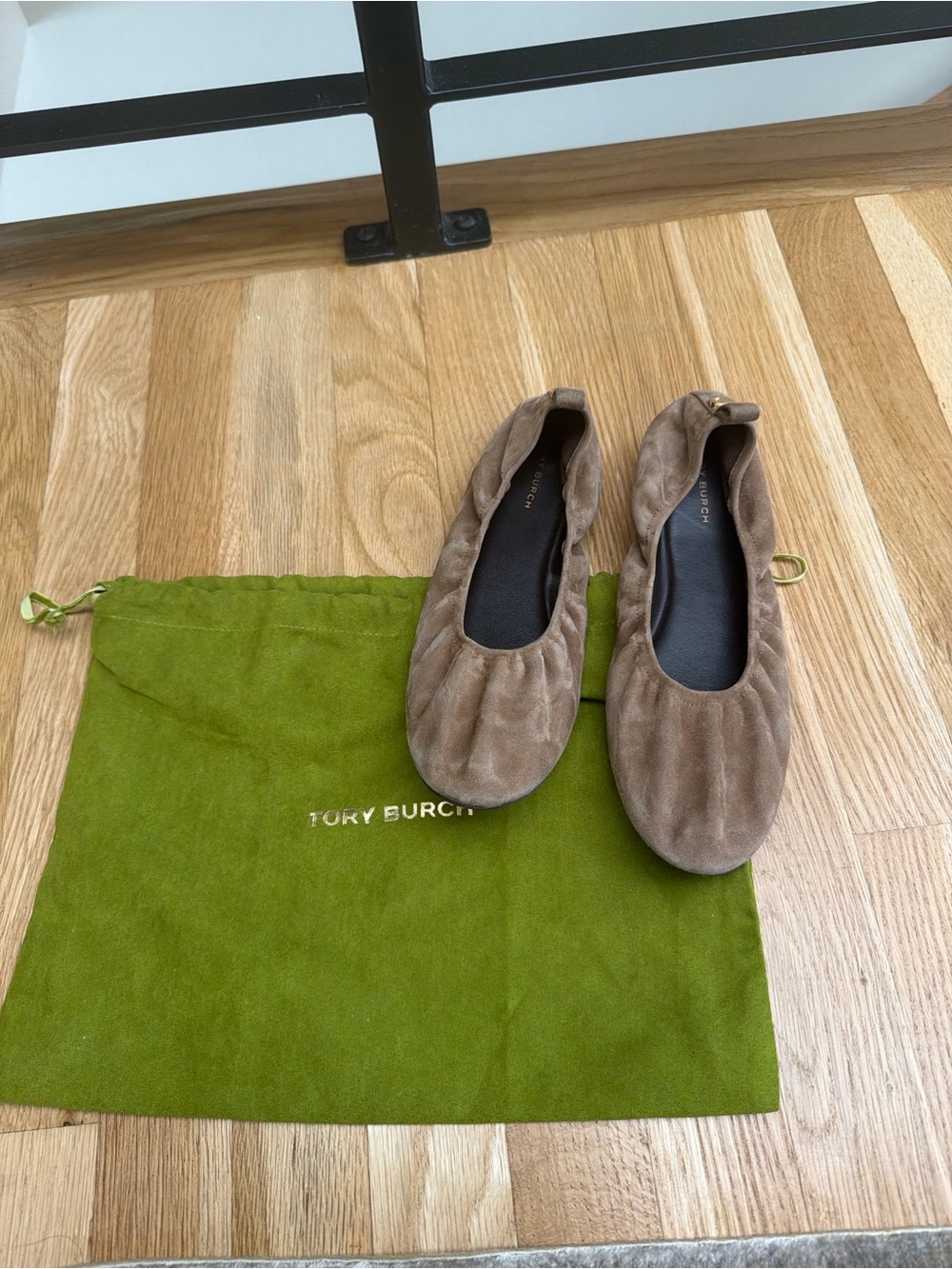 Tory Burch Taupe Suede Elastic-Top Ballet Flats
